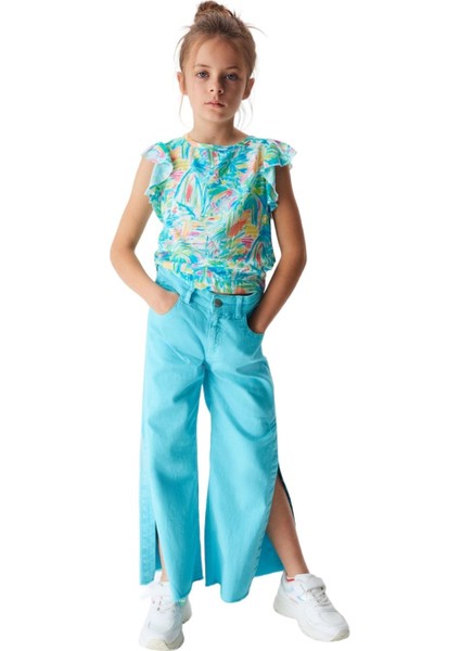 Kız Çocuk Yırtmaçlı Bol Paça Denim Pantolon 54714 Mavi
