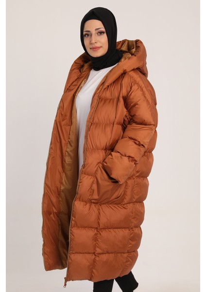 Camel Kadın Kapüşonlu Oversize Tesettür Şişme Mont P-00000760