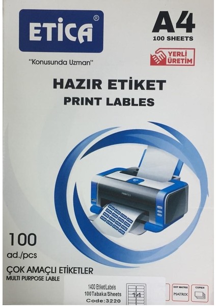 Etica Hazır Laser Etiket A4 100 Sayfa 99,1 mm x 38,1 Mm 14'lü
