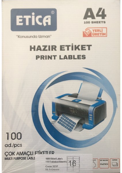 Etica Hazır Laser Etiket A4 100 Sayfa 99,1 mm x 34 Mm 16'lı