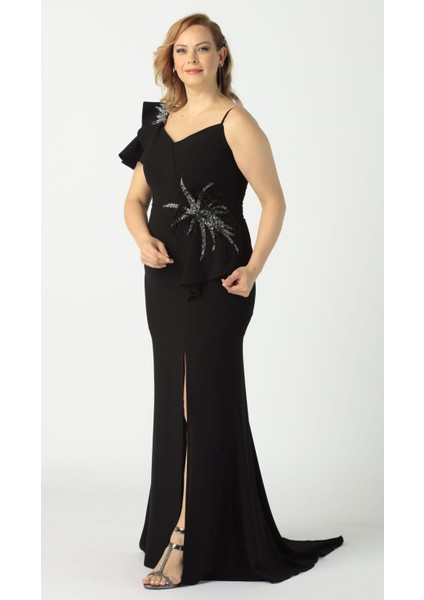 21927 Siyah Omuzu Iki Katlı Beli Taş Işlemeli Kadın Büyük Beden Abiye Elbise fiyatları