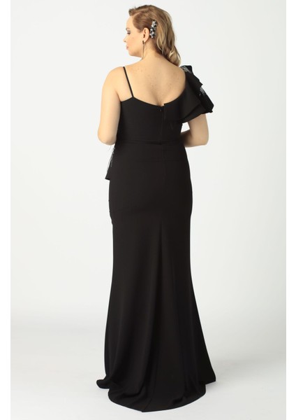 21927 Siyah Omuzu Iki Katlı Beli Taş Işlemeli Kadın Büyük Beden Abiye Elbise fırsatları