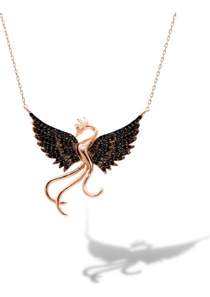 Zirkon Anka Kuşu Rose Kadın Kolye 925 Ayar Gerçek Gümüş Siyah Kübik Zirkon Phoneix
