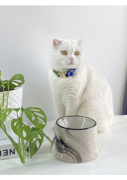 Seramik Kedi ve Köpek Mama Su Kabı Colorful Moon Bowl (Siyah Çizgili -Ebru Desen)