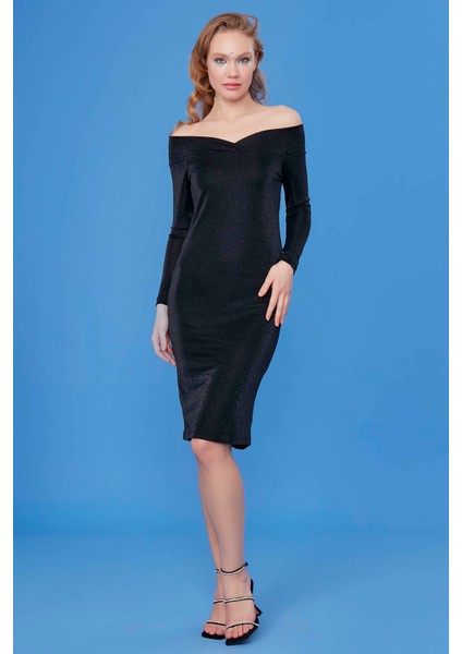 Kayık Yaka Simli Elbise10