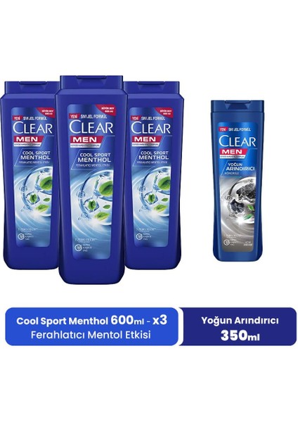 Men Şampuan Cool Sport Menthol 600 ml x 3 ve Yoğun Arındırıcı 350 ml