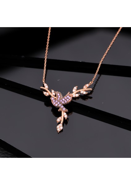 925 Ayar Gümüş Daldaki Ametist Kuş Kolye