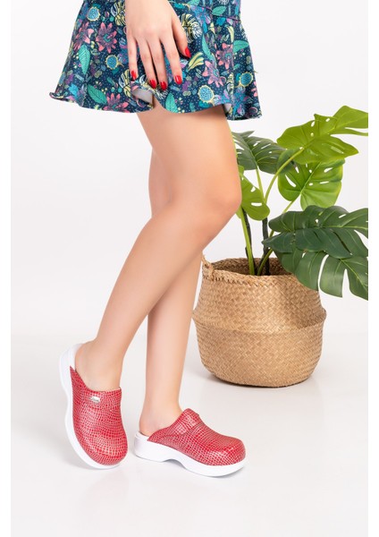 Nur Ortopedi Kırmızı Sim Gümüş Desenli Klasik Sabo Kadın Terlik 101 fiyatları