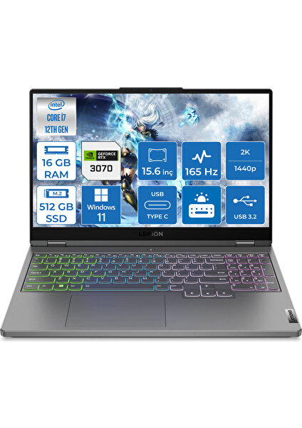 Legion 5 Intel Core i7 12700H 16GB 512GB SSD 8GB RTX3070 Windows 11 Home 15.6'' WQHD Taşınabilir Bilgisayar 82RB00DCTX002