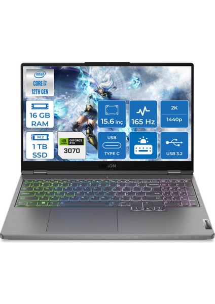 Legion 5 Intel Core i7 12700H 16GB 1TB SSD 8GB RTX3070 Freedos 15.6'' WQHD Taşınabilir Bilgisayar 82RB00DCTX004