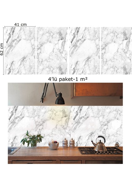 Kendinden Yapışkanlı Beyaz Mermer Desenli Pvc Panel 41X62 cm (4 Adet) 1 M²