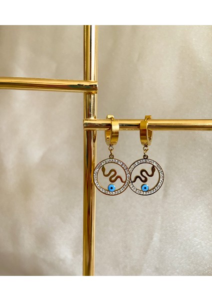 Gold Nazar Boncuklu Taşlı Yılan Küpe