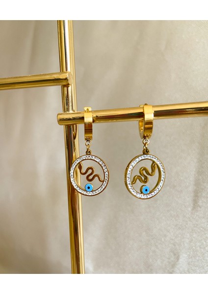 Gold Nazar Boncuklu Taşlı Yılan Küpe modelleri