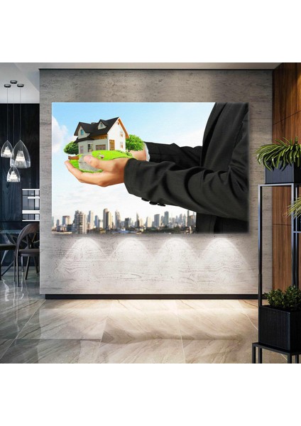 Emlak Ofisi Real Estate Şehir Manzarası Bahçeli Ev Kanvas Tablo
