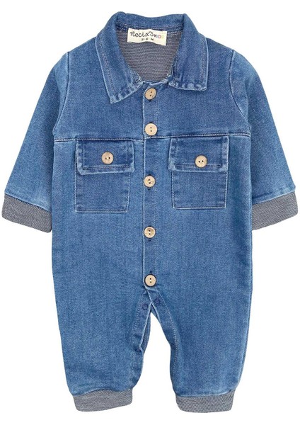 Düğme Detaylı Bebek Kot Tulum Mavi