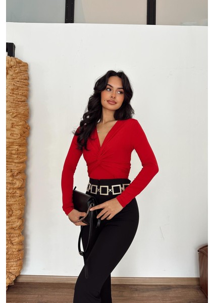 Kruvaze Bürümcük Bluz Kırmızı