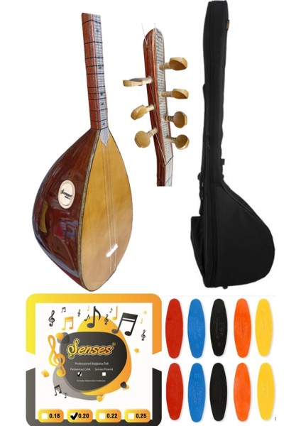 Müzik 40 Tekne Ithal Kapak Sedef Işlemeli Kestane Bağlama - Petli Kılıf - Tel - Tezene 4'lü Set