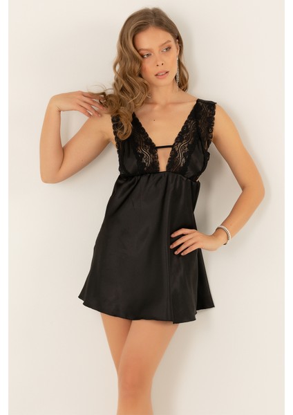 Kalın Askılı Dantelli Mini Saten Gecelik