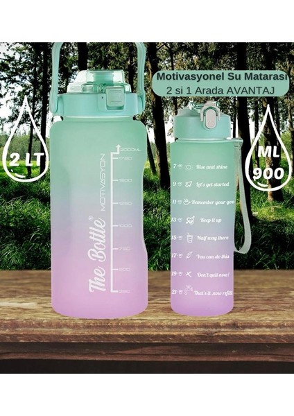 Motivasyonel 2li Pipetli Stickerli Su Matarası Su Şişesi Suluk 2LT+900ML Yavrulu Tritan Su Şişesi Suluk Motivasyonset-