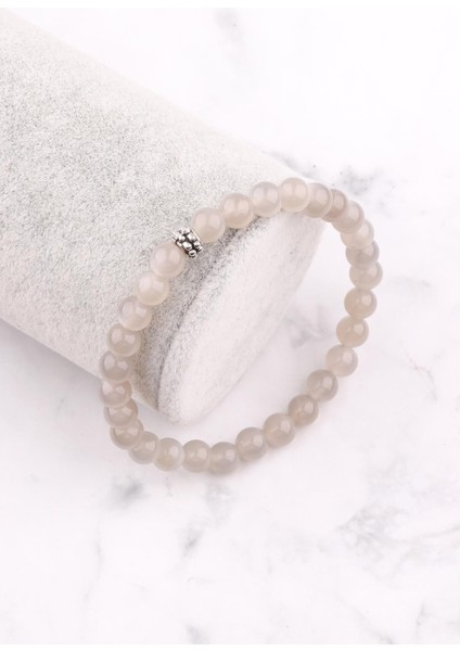 Gri Ay Taşı Doğal Taş Bileklik 6 mm Küre Kesim