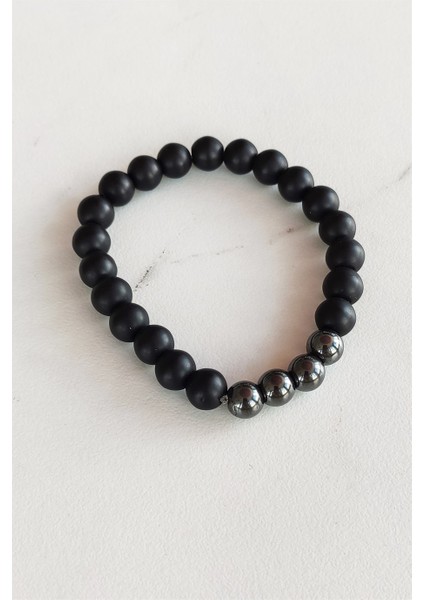 Antrasit Renk Detaylı Doğal Taş Boncuklu Bileklik