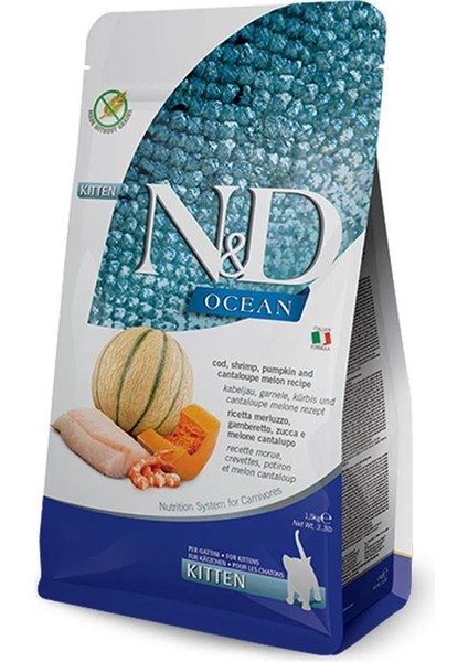 Nd Ocean Kitten 1,5kg Tahılsız Morina Balığı Karides Balkabağı ve Kavunlu Yavru Kedi Maması