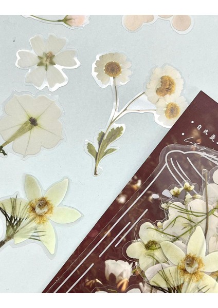 Retro Beyaz Renkli Çiçek Şeffaf Sticker - Scrapbook - Bullet Journal - Defter Süsleme-Çıkartma fiyatları