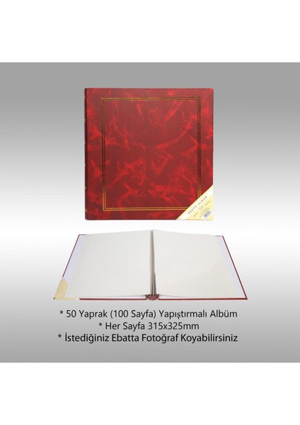 50 Yaprak [100 SAYFA]-31x32 cm Manyetik Yapışkanlı Ciltbezli Fotoğraf Albümü Bordo