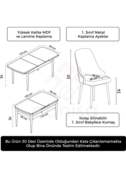 Concept Tia Serisi, Beyaz MASA,80X132 Açılabilir Mdf Mutfak Masa Takımı 4 Sandalye Gümüş Detay