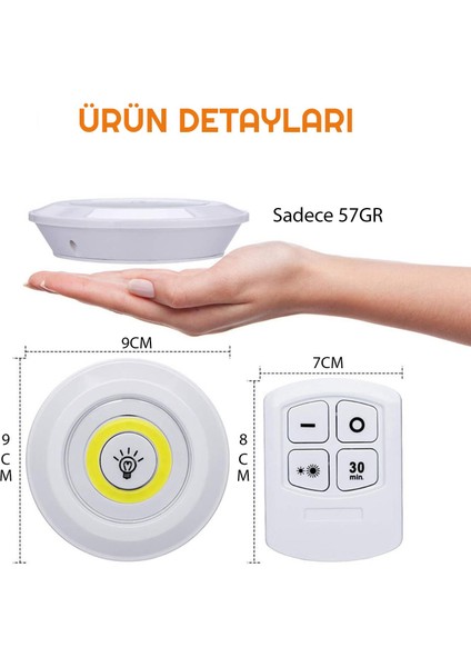 Kumandalı Dolap Tezgah Üstü Parlaklık Ayarlanabilir Cob LED Gece Lambası-3’lü Paket