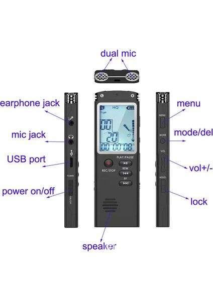 Dijital Ses Kayıt Cihazı ve Mp3 Çalar Profesyoneller Için 16GB