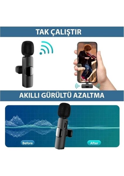 K9T Type-C Wireless (Kablosuz), Android Telefon, Tablet Yaka Mikrofonu