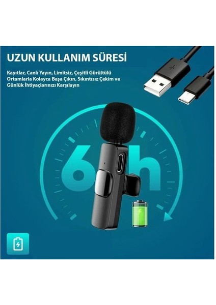 K9T Type-C Wireless (Kablosuz), Android Telefon, Tablet Yaka Mikrofonu