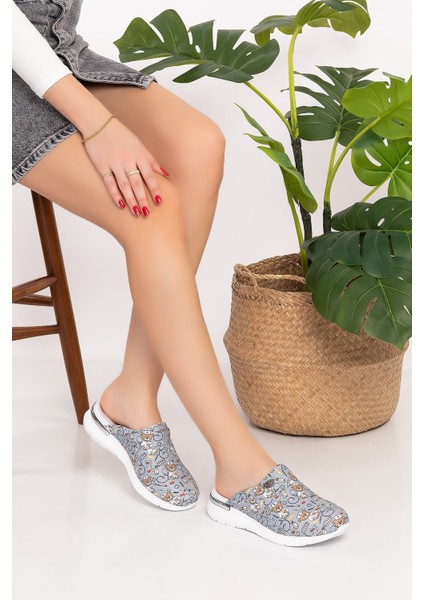 Gri Ayıcık Desenli Comfort Taban Ortopedik Sabo Terlik