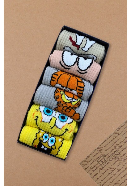 6'lı Garfield Sünger Bop Gülen Yüzler Desenli Unisex Çift Tenis Çorabı Kutusu