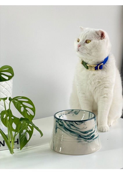 Seramik Kedi ve Köpek Mama Su Kabı Colorful Moon Bowl (Yeşil Çizgili -Ebru Desen)