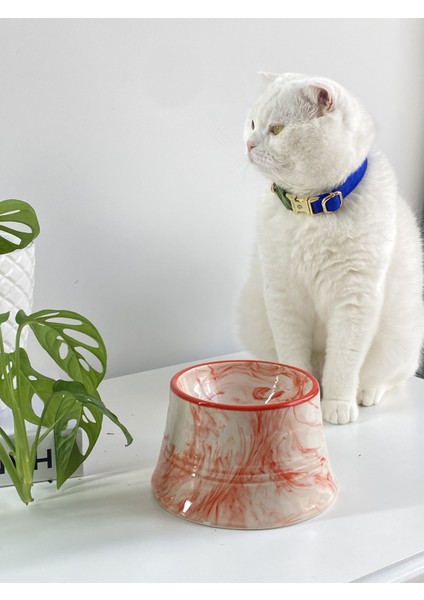Seramik Kedi ve Köpek Mama Su Kabı Colorful Moon Bowl (Turuncu Çizgili -Ebru Desen)