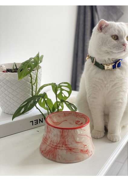 Seramik Kedi ve Köpek Mama Su Kabı Colorful Moon Bowl (Turuncu Çizgili -Ebru Desen) fiyatları