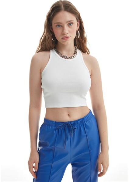Halter Yaka Crop Bluz Ekru
