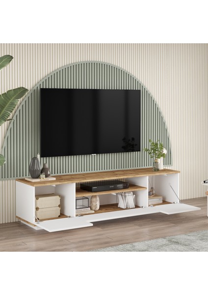 Delphin 180 cm Raflı Kapaklı Tv Ünitesi DLP7-AW Çam-Beyaz