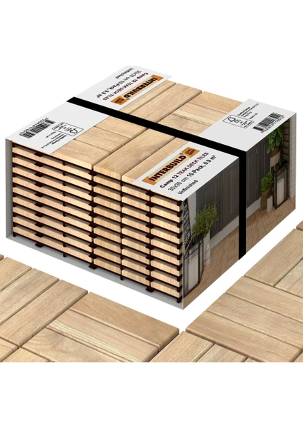 Interbuild “Gerçek Tik” Klasik Kilitli Karo Deck ,Yüzeyi İşlenmemiş 30×30 cm (10'lu Paket) 12 Çıtalı