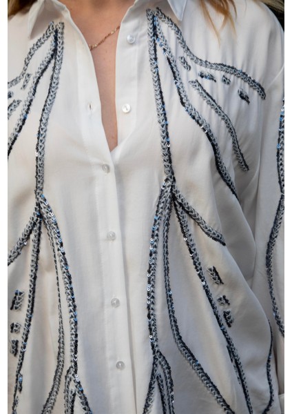 Kadın Parlak Pul Işlemeli Keten Gömlek modelleri