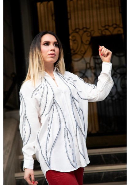 Kadın Parlak Pul Işlemeli Keten Gömlek indirimleri