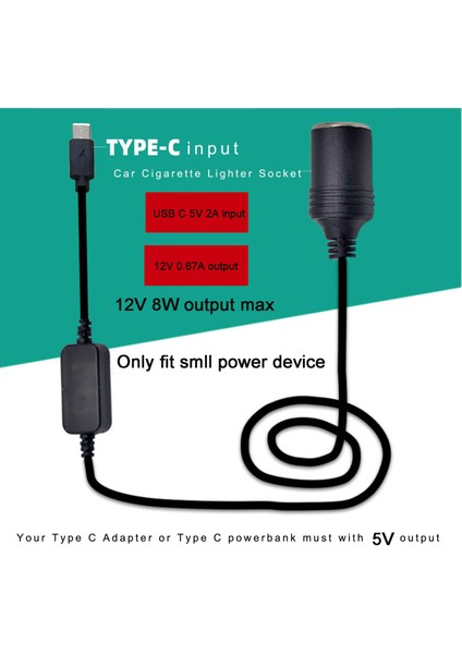 USB C 5V Type Erkek 12V 8W Araba Sigara Soketi Güç Kaynağı Kablosu - Siyah (Yurt Dışından)