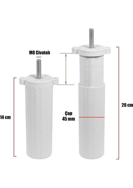 Mobilya Kanepe Baza Koltuk Destek Ayağı M8 Civata Ayarlı Ayarlanabilir Beyaz Ayak 14 cm