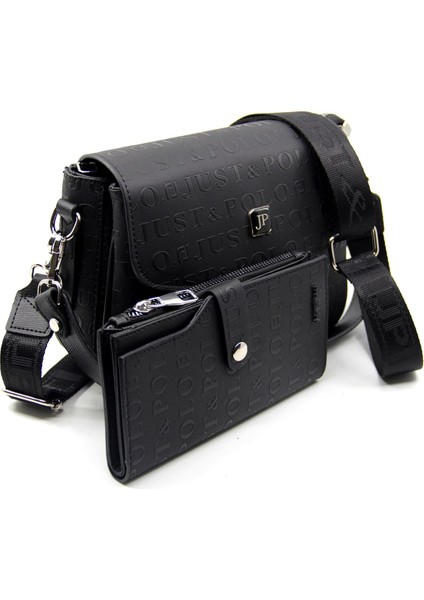 Siyah Baskı Desenli Kolon Askılı 4 Bölmeli Kadın Omuz Çantası ve Cüzdan Kombini 25X15CM MDS2184