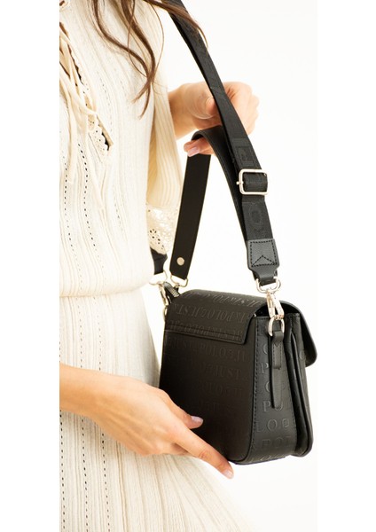 Siyah Baskı Desenli Kolon Askılı 4 Bölmeli Kadın Omuz Çantası ve Cüzdan Kombini 25X15CM MDS2184