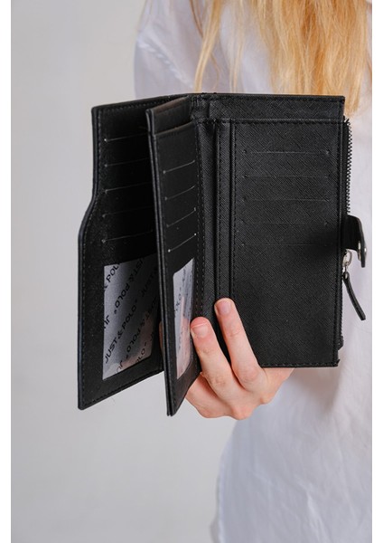 Siyah Baskı Desenli Kolon Askılı 4 Bölmeli Kadın Omuz Çantası ve Cüzdan Kombini 25X15CM MDS2184