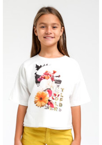 Mojo Kız Çocuk Baskılı Kısa Kol T-Shirt 35513 Ekru