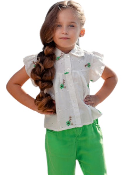 Mojo Kız Çocuk Çiçek İşlemeli Güpür Gömlek 35472 Ekru-Yeşil
